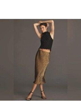 Anthropologie Satin Like Midi Slip Skirt XL Metallic Bronze Champagne Bias Cut